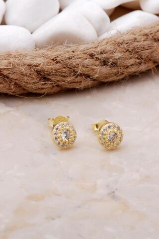 Elmas Montürlü 7 Mm Altın Yaldızlı Gümüş Küpe 5798