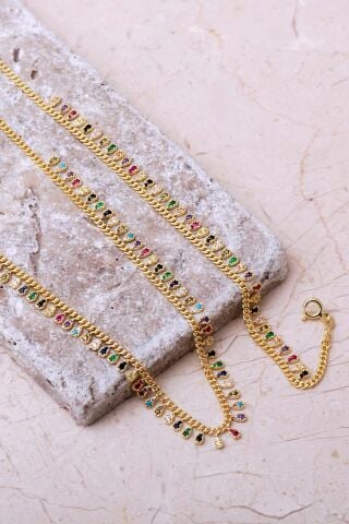 Gurmet Mix Taşlı Damla Altın Kaplama 925 Ayar Gümüş Kolye Bileklik İkili Set 2860