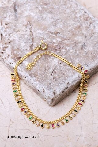 Gurmet Mix Taşlı Damla Altın Kaplama 925 Ayar Gümüş Kolye Bileklik İkili Set 2860