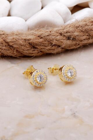 Elmas Montürlü Altın Yaldızlı Gümüş Küpe 5799