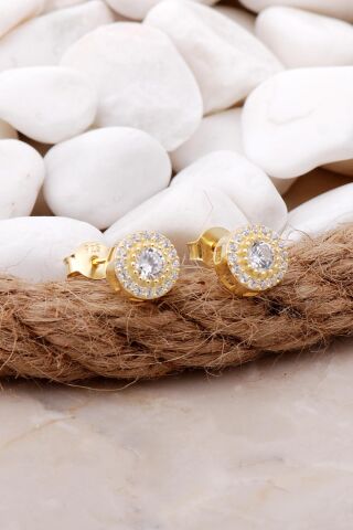 Elmas Montürlü Altın Yaldızlı Gümüş Küpe 5799