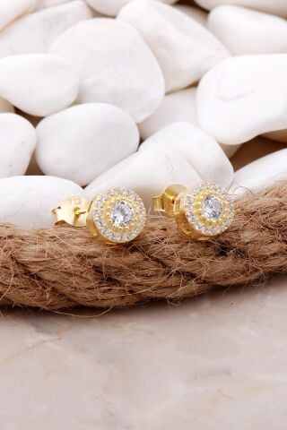 Elmas Montürlü Altın Yaldızlı Gümüş Küpe 5799