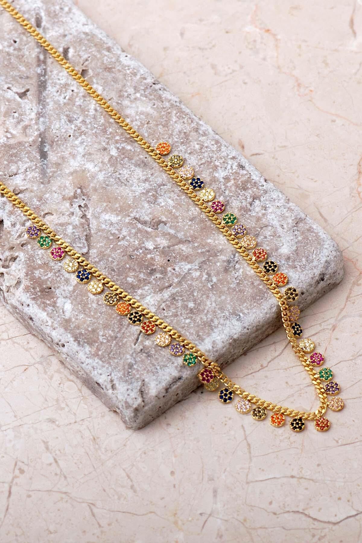 Gurmet Mix Taşlı Altın Kaplama 925 Ayar Gümüş Choker Kolye 8105