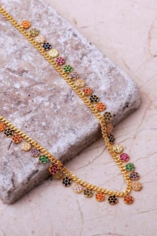 Gurmet Mix Taşlı Altın Kaplama 925 Ayar Gümüş Choker Kolye 8105