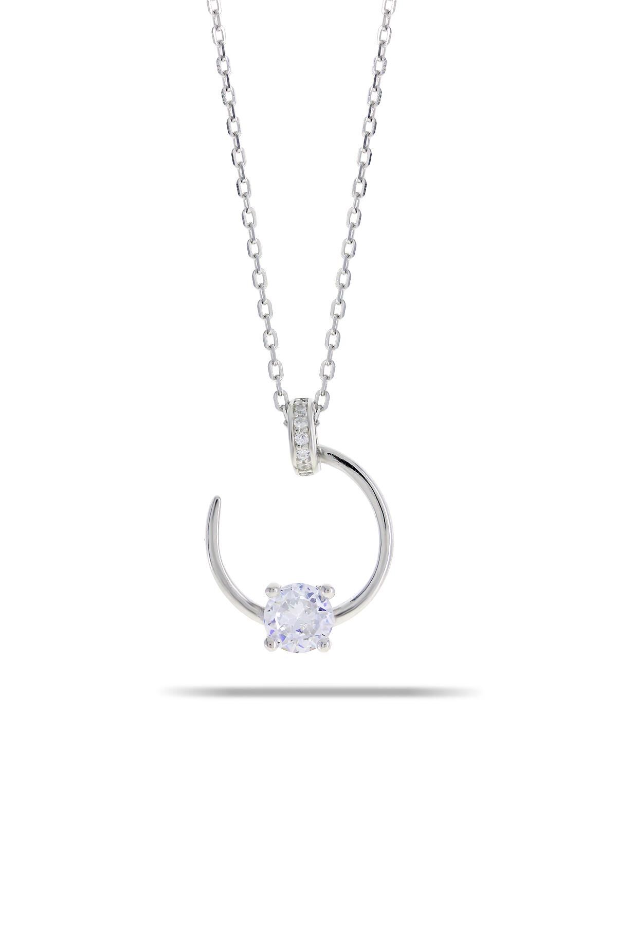 Tasarım Rodyumlu Tek Taş Gümüş Kolye 7281