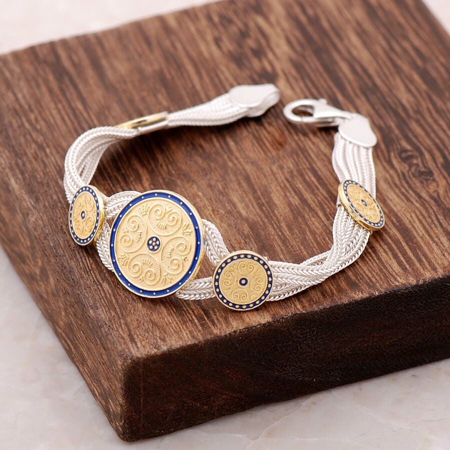 Mineli Altın Yaldızlı El Örmesi Midyat Hasırı Gümüş Bileklik 2357