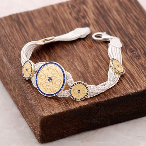 Mineli Altın Yaldızlı El Örmesi Midyat Hasırı Gümüş Bileklik 2357