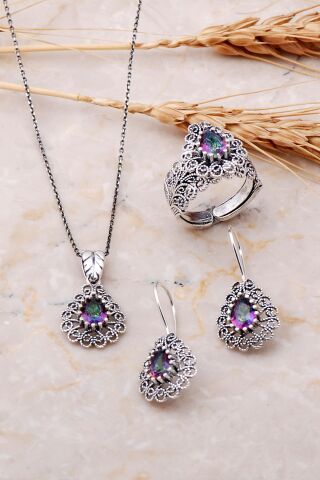 Telkari İşlemeli Mistik Topaz Taşlı Damla Gümüş Set 1890