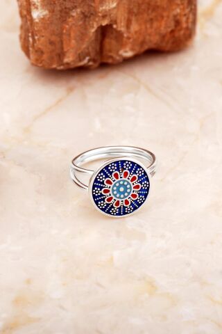 Anadolu Motifli Mineli Elişi Gümüş Yüzük 5885