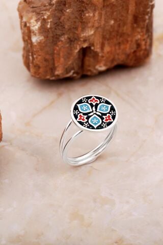 Anadolu Motifli Mineli Elişi Gümüş Yüzük 5888