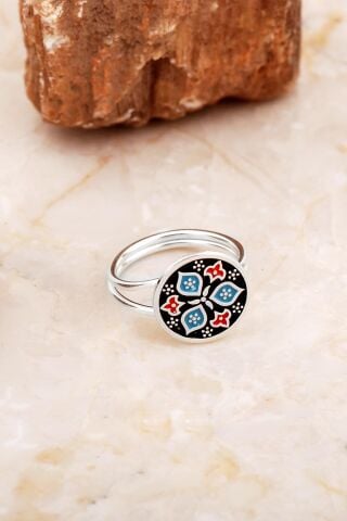 Anadolu Motifli Mineli Elişi Gümüş Yüzük 5888