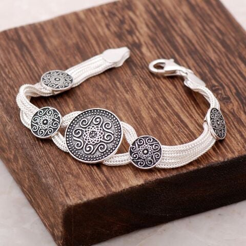 Hiti Motifli El Yapımı Midyat Hasırı Gümüş Bileklik 2361