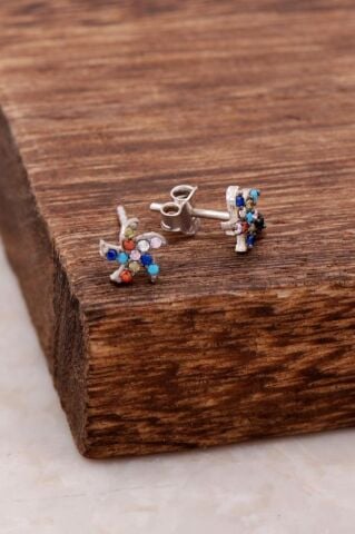 Rüzgar Gülü Tasarım Mix Taşlı Gümüş Küpe 4016