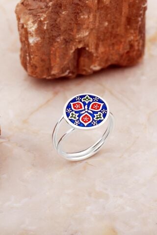 Anadolu Motifli Mineli Elişi Gümüş Yüzük 5889