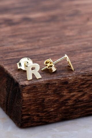 R Harfi Altın Kaplama Gümüş Küpe 5995