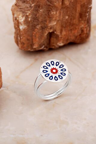 Anadolu Motifli Mineli Elişi Gümüş Yüzük 5890