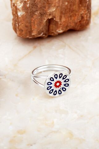 Anadolu Motifli Mineli Elişi Gümüş Yüzük 5890