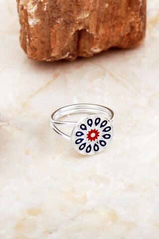 Anadolu Motifli Mineli Elişi Gümüş Yüzük 5890