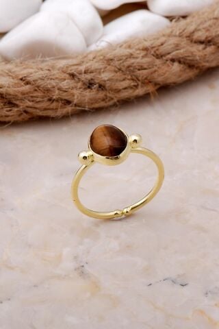 Kaplan Gözü Taşlı Altın Yaldızlı Gümüş Yüzük 3517