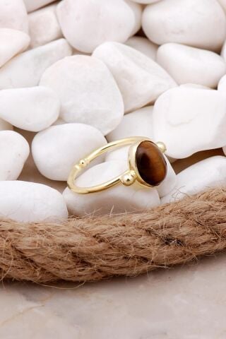 Kaplan Gözü Taşlı Altın Yaldızlı Gümüş Yüzük 3517