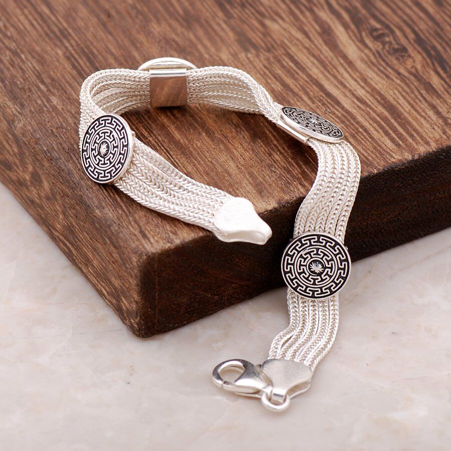 Hitit Motifli El Yapımı Gümüş Midyat Hasırı Bileklik 2364