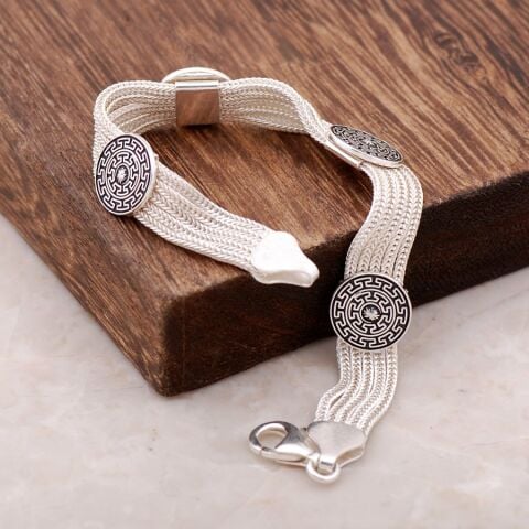 Hitit Motifli El Yapımı Gümüş Midyat Hasırı Bileklik 2364