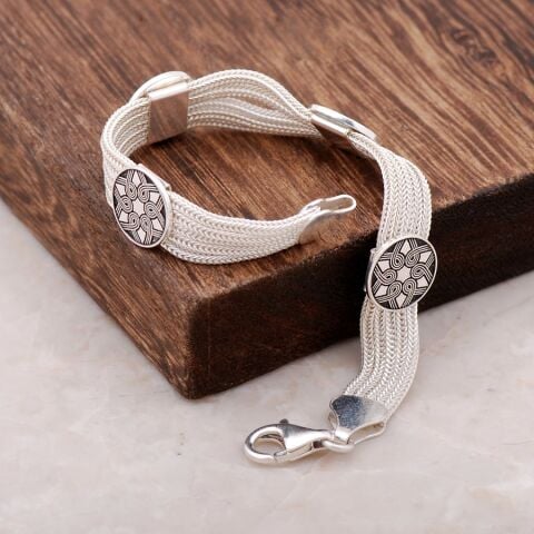 Hitit Motifli El Yapımı Gümüş Midyat Hasırı Bileklik 2365