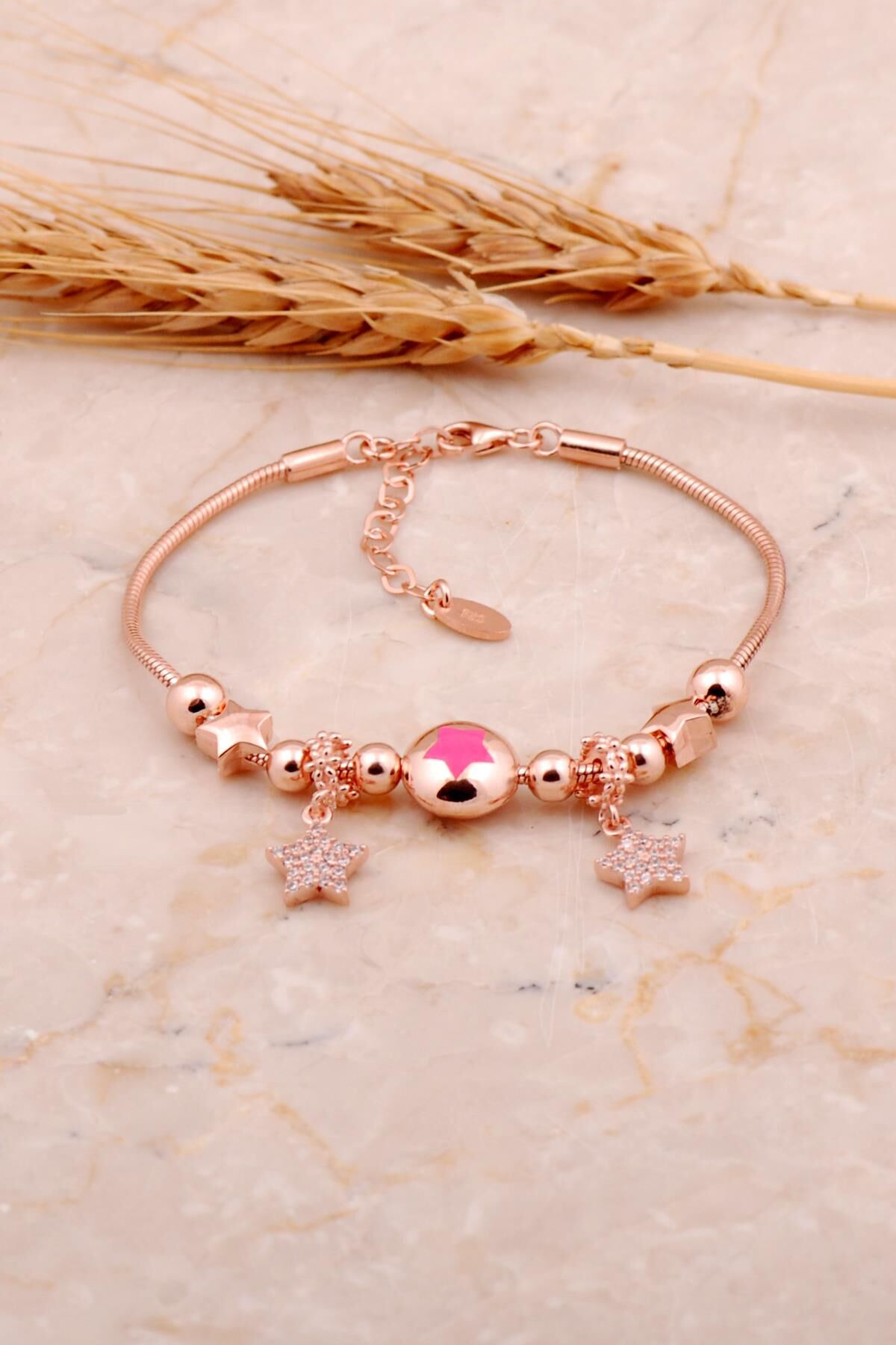 Pembe Mineli Yıldız Tasarımlı Rose Gümüş Şans Bileklik 4502