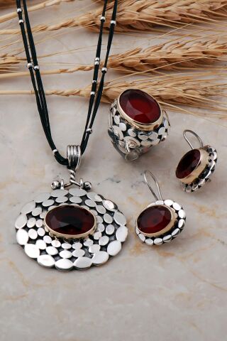 Pullu Elişi Kök Yakut Taşlı Gümüş Set 1233