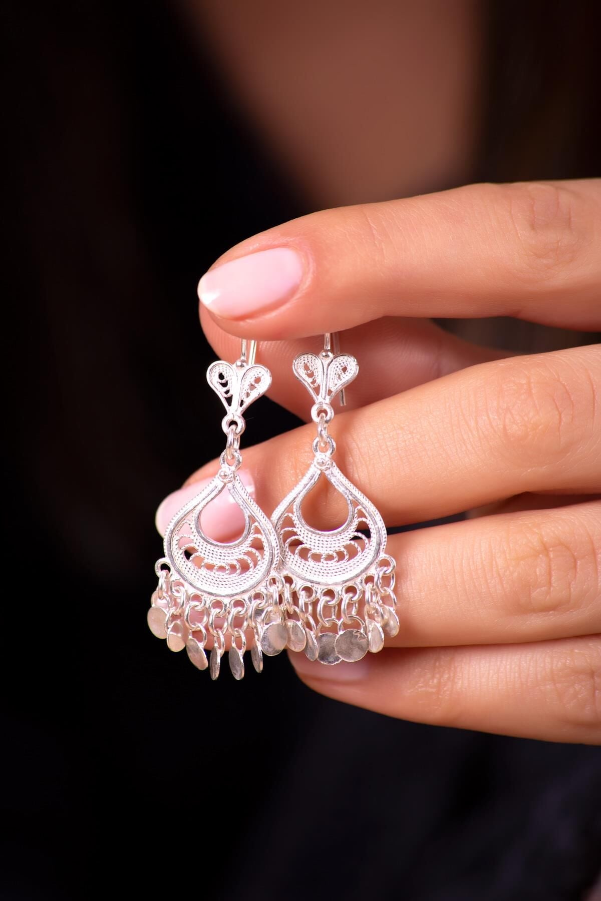 Telkari İşlemeli Sallantılı Gümüş Küpe 4938