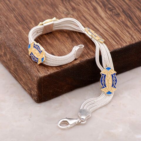 Mineli Altın Yaldızlı Midyat Hasırı Gümüş Bileklik 2368