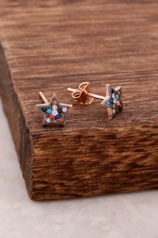 Mix Taşlı Rose Gümüş Yıldız Tasarımlı Küpe 4022