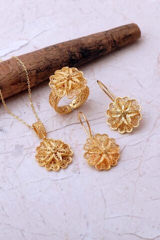 Telkari İşlemeli Elişi Papatya 925 Ayar Gümüş Set 2861