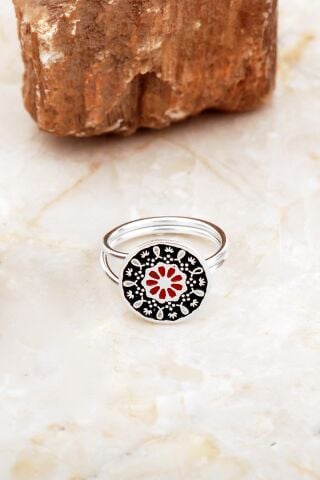 Anadolu Motifli Mineli Elişi Gümüş Çiçek Yüzük 5896