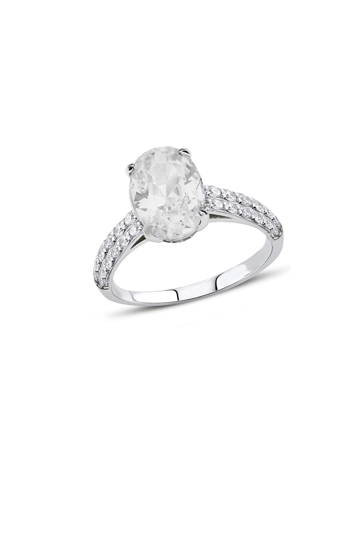 Oval Kesim Tektaş Rodyumlu Gümüş Yüzük 3158