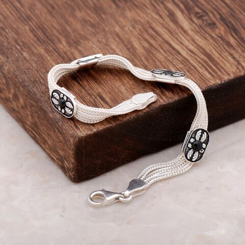 Mineli El Yapımı Gümüş Midyat Hasırı Bileklik 2370