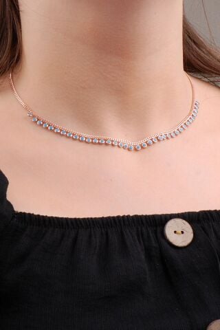 Turkuaz Taşlı Choker Rose Gümüş Kolye 6570