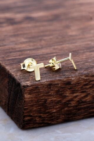 T Harfi Altın Kaplama Gümüş Küpe 6004