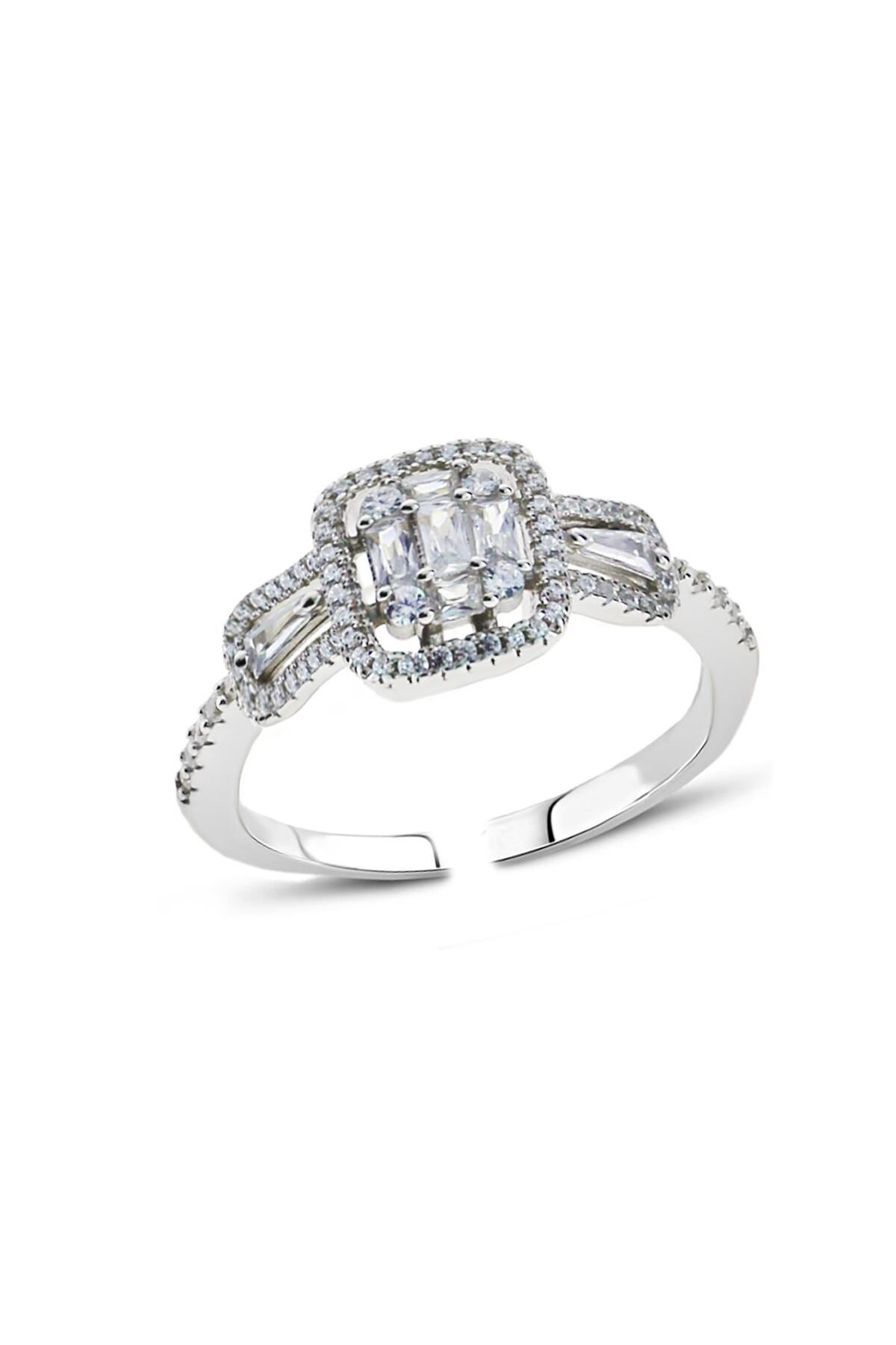 Baget Kesim Taşlı Rodyumlu Gümüş Yüzük 3161