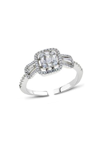 Baget Kesim Taşlı Rodyumlu Gümüş Yüzük 3161