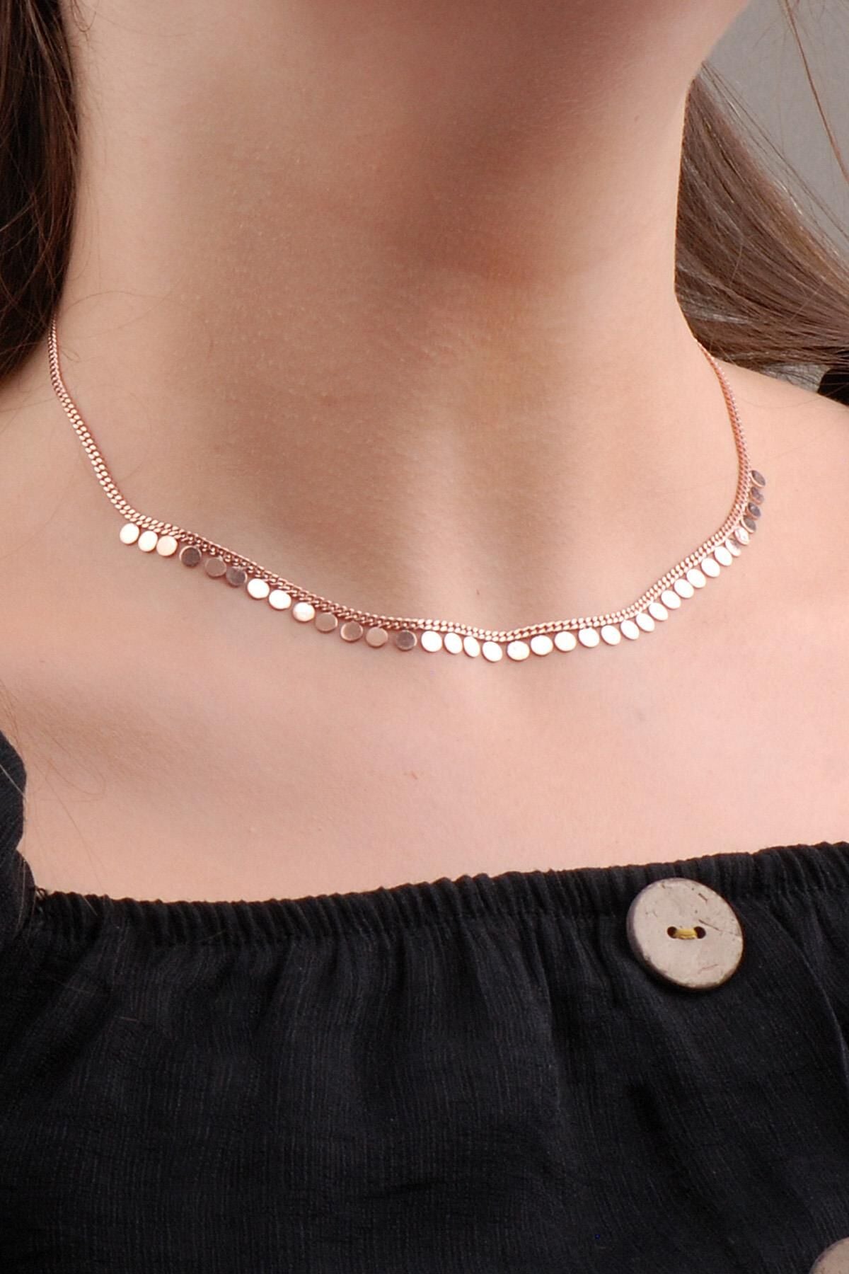 Rose Gümüş Pullu Choker Kolye 6573