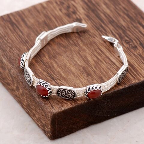 Akik Taşlı Midyat Hasırı El Yapımı Gümüş Bileklik 2373