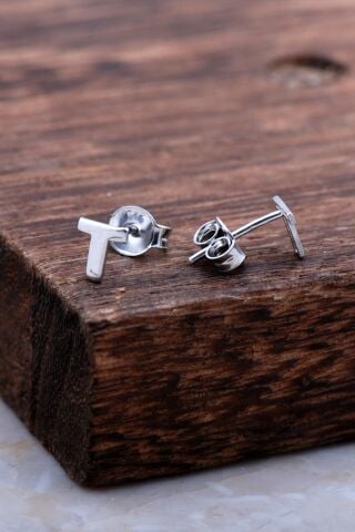 T Harfi Rodyumlu Gümüş Küpe 6006