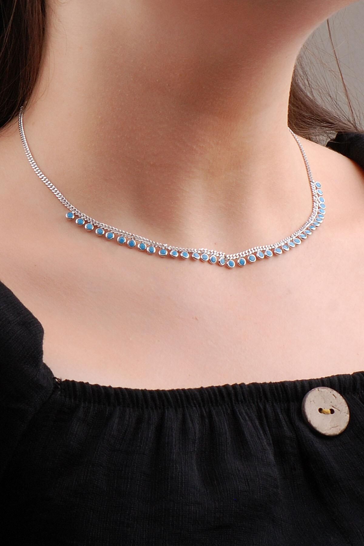 Turkuaz Taşlı Gümüş Choker Kolye 6575