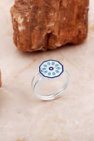 Anadolu Motifli Elişi Mineli Gümüş Çiçek Yüzük 3763