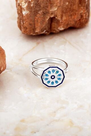 Anadolu Motifli Elişi Mineli Gümüş Çiçek Yüzük 3763