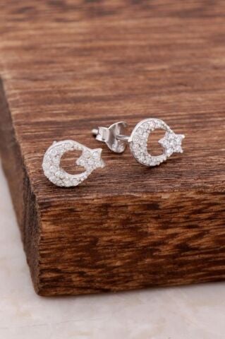 Ay Yıldız Tasarımlı Zirkon Taşlı Gümüş Küpe 4030