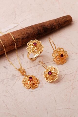 Taşlı Telkari Elişi Altın Kaplama 925 Ayar Gümüş Çiçek Set 2862
