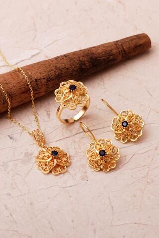 Taşlı Telkari Elişi Altın Kaplama 925 Ayar Gümüş Çiçek Set 2862