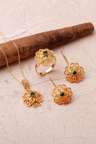 Taşlı Telkari Elişi Altın Kaplama 925 Ayar Gümüş Çiçek Set 2862